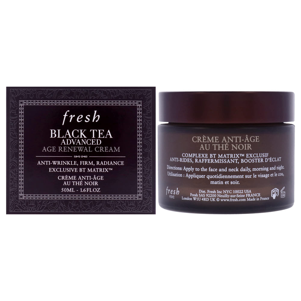 Fresh Black Tea Advanced Age Renewal Cream jar highlights luxurious texture and hydrating feel