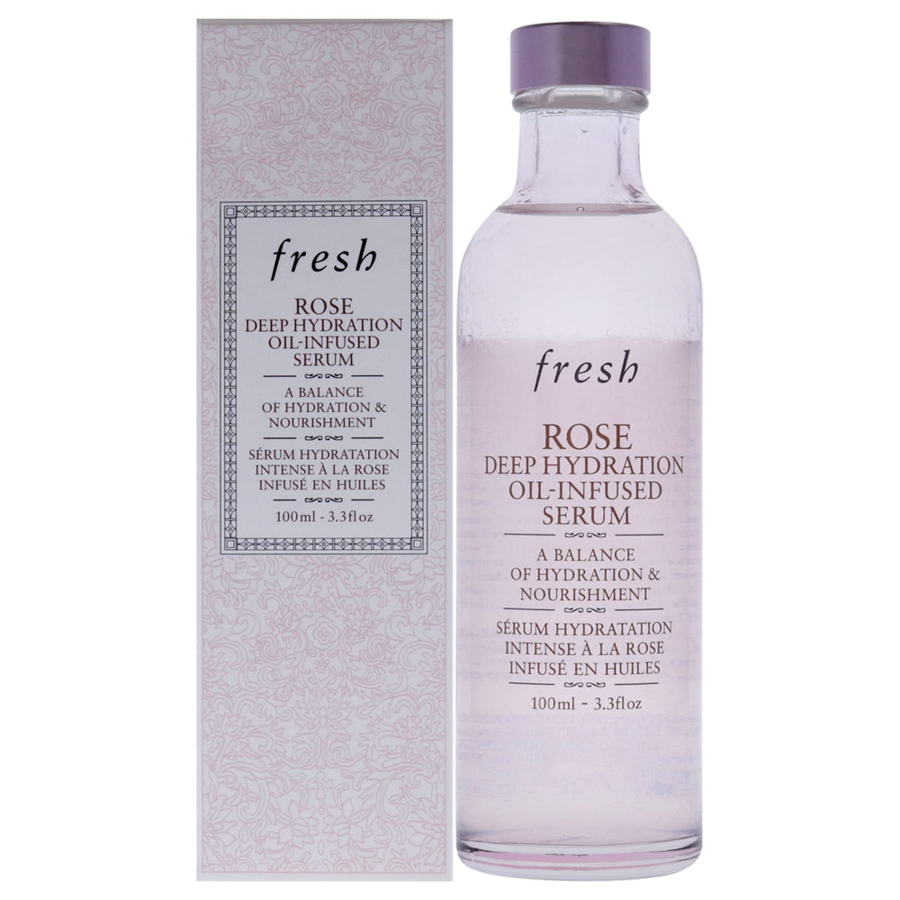 Fresh Rose Deep Hydration Serum bottle showcases 24-hour moisture and dewy glow