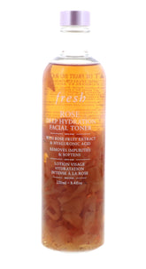 Fresh Rose Deep Hydration Toner bottle demonstrates a hydrating daily skincare ritual