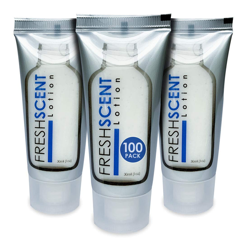 Freshscent lotion 1oz tube packaging demonstrates bulk-ready hotel amenities for efficient stocking.