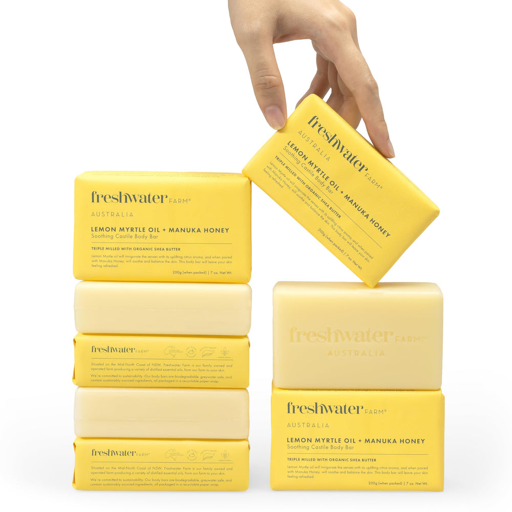 Freshwater Farm Australia lemon-myrtle-manuka-honey bar pack with eco-friendly packaging for sustainable care.