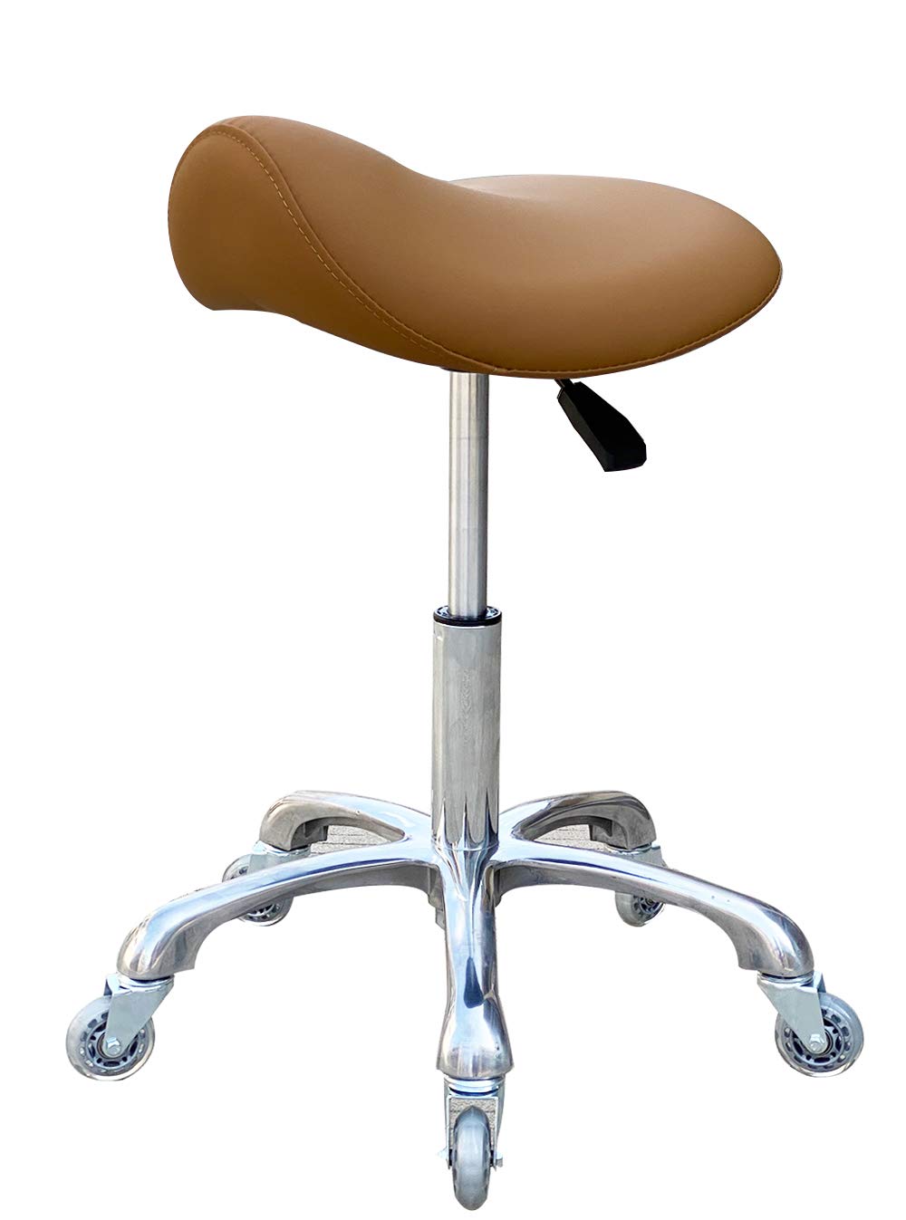 FRNIAMC saddle stool camel side view shows upright posture support for long tasks.