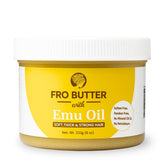 Fro Butter Emu Oil Hair Moisturizer bottle delivers portable shine and hydration.