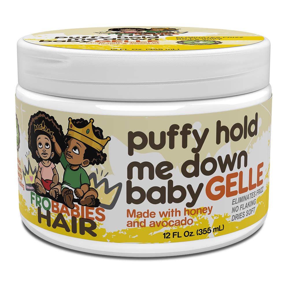 FroBabies Hair Puffy Hold Me Down Baby Gelle bottle shows soft hold for defined curls.