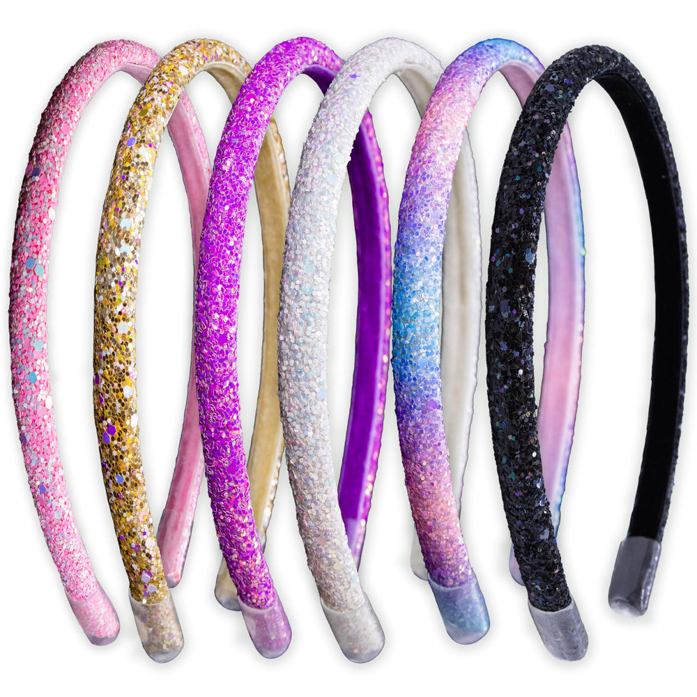 FROG SAC 6 headbands glitter close-up highlights iridescent sparkle for everyday style.
