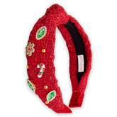 FROG SAC knot headband in red tweed with beaded detailing for festive fashion.