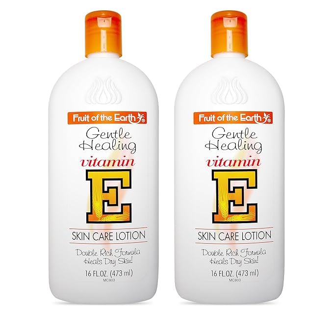 Fruit of the Earth Vitamin E Lotion bottle-front provides daily moisture for dry skin.