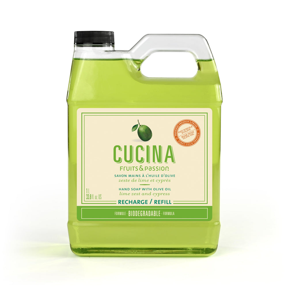 Fruits and Passion Cucina Lime Zest and Cypress bottle for refreshing citrus hand cleansing.