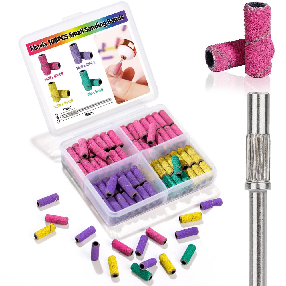 Ftimda 105pcs sanding bands set on nail drill for versatile nail prep