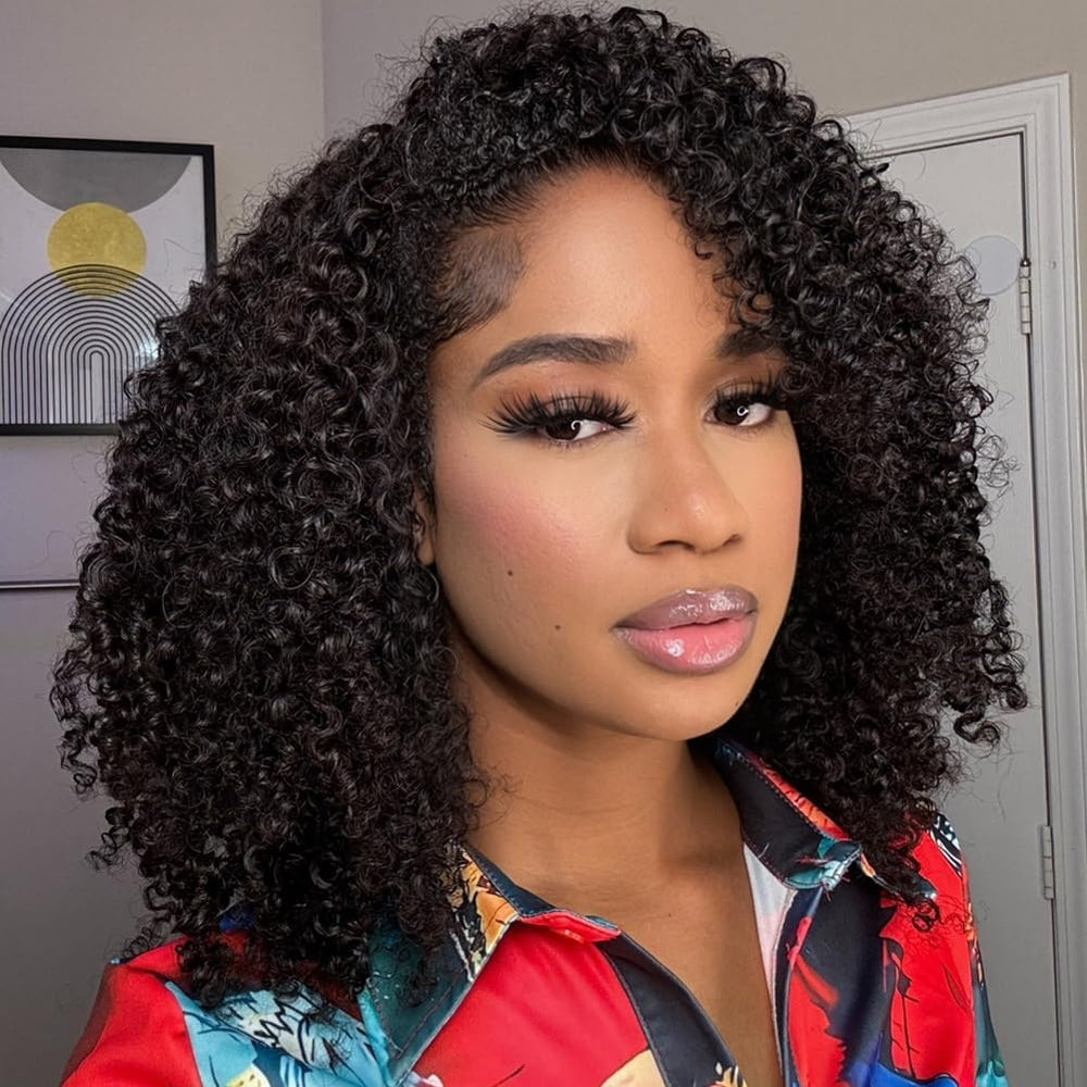 Fuduete 16-inch kinky curly half wig cap-construction for secure, glue-free wear.