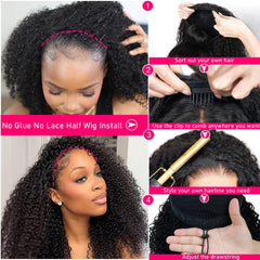Fuduete 16-inch kinky curly half wig drawstring-securement for a snug fit.