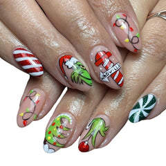 FUKIDOG Christmas red-white stripe press-on nails show festive bold design for holiday style