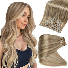 Full Shine clip-in extensions with seamless weft for a flat, natural blend.