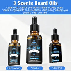 FullLight Tech cedarwood beard oil bottle for a classic, masculine fragrance.