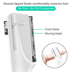 Funstant Eyebrow Trimmer blades closeup showing rounded-tip blades for gentle trimming
