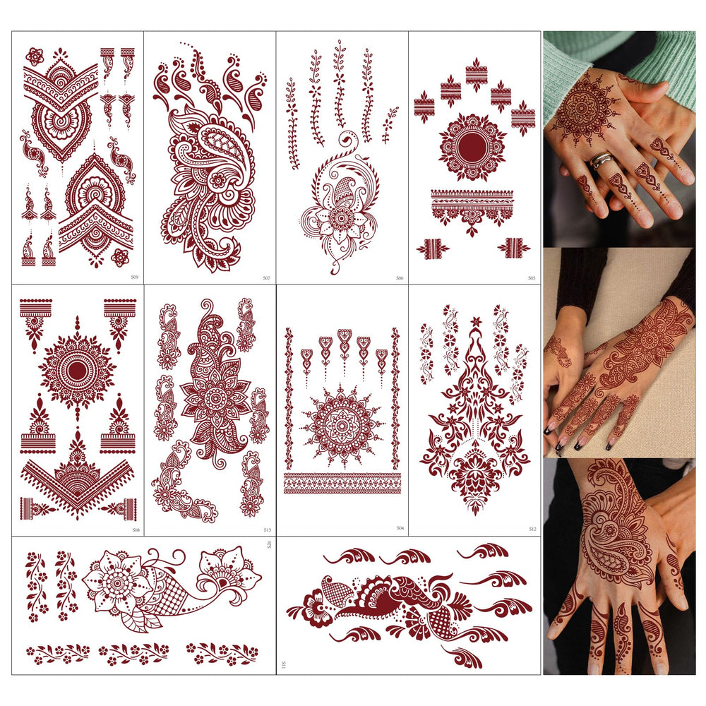 FUNTATTOO brown henna tattoo sheets packaging showing the 10 sheet set for quick party prep