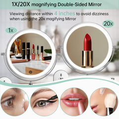 FUNTOUCH 8-inch double-sided mirror with 1X/20X magnification for precise eyeliner and brows.