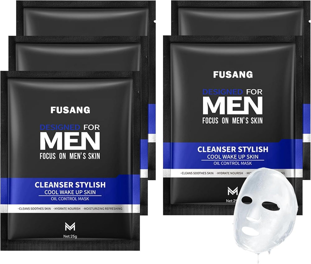 Fusang 5 Pcs Mens Facial Sheet Mask packaging, gift-ready hydration kit for men.