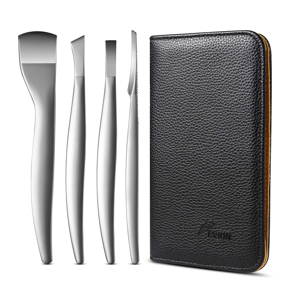 FVION professional pedicure knife-set 4pcs blades laid out for precise toenail grooming