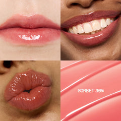 Fwee 3D Voluming Gloss Sorbet application close-up shows instant shine and plump effect.