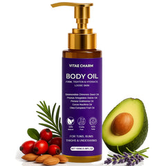 FWPTEI Vitae Charm Body Firming Oil bottle beside golden oil pour demonstrates luxurious hydration for daily care.