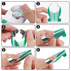 G2PLUS green fish design nail forms emphasizes playful style during manicure setup.