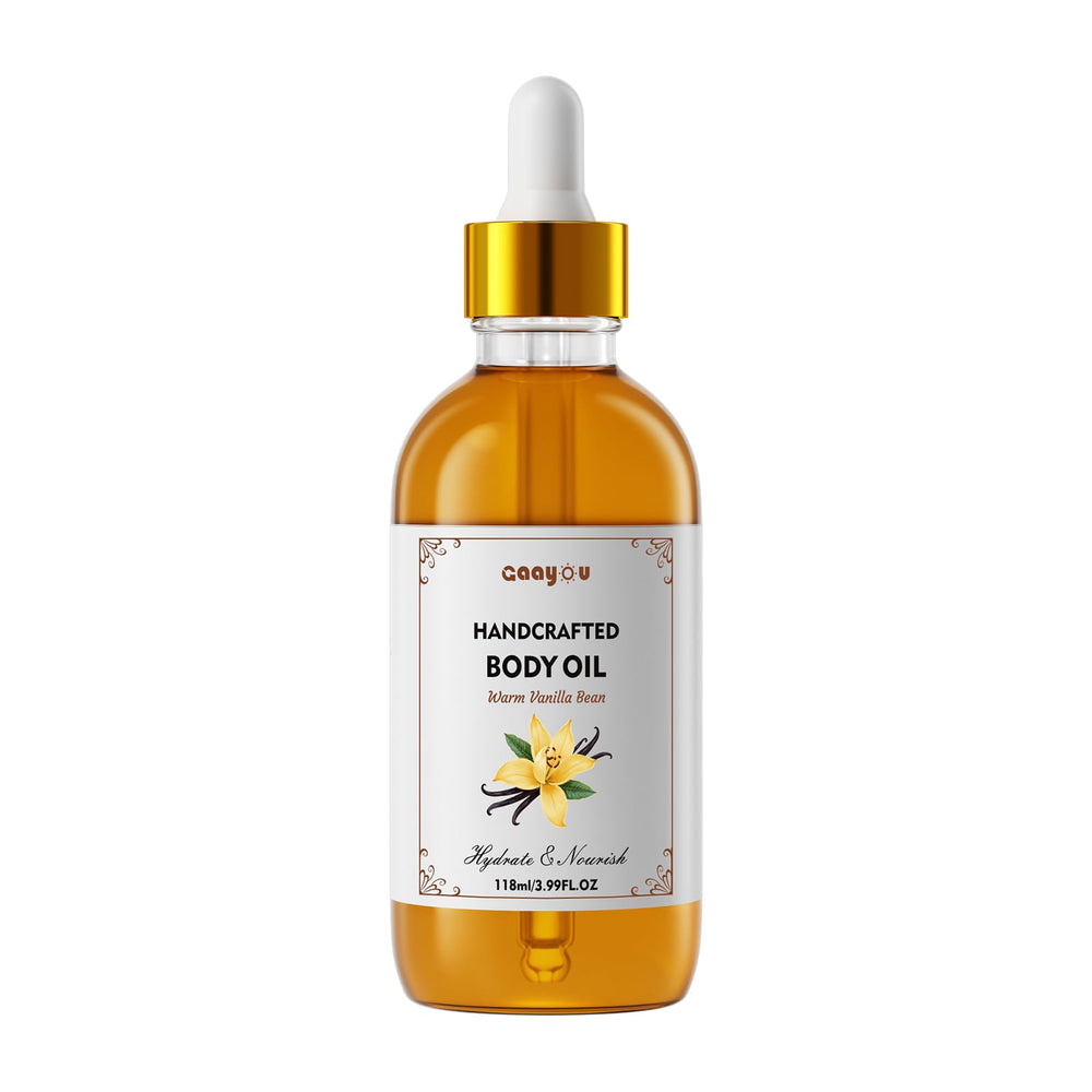 Gaayou Warm Vanilla Bean Body Oil bottle pour for quick hydration after shower.