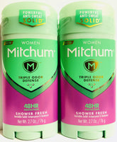 Gafalr Mitchum invisible solid shower-fresh stick 2-pack packaging highlights all-day freshness.