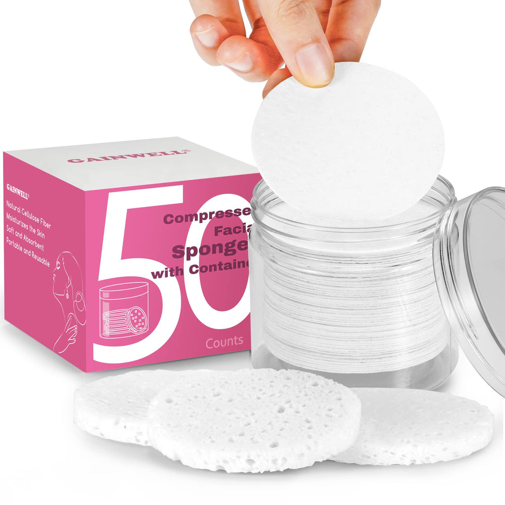 GAINWELL compressed facial sponges in jar showcase organized storage for daily cleansing.