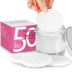 GAINWELL compressed facial sponges in jar showcase organized storage for daily cleansing.