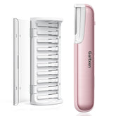 Galtxen dermaplaning tool pink close-up with LED light for precise exfoliation and fuzz removal