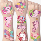 Gameza axolotl tattoos packaging shows colorful designs for party favors.