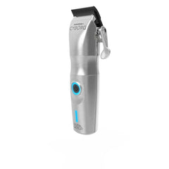 Gamma+ Cyborg clipper recessed grip emphasizes ergonomic comfort during long barber sessions.