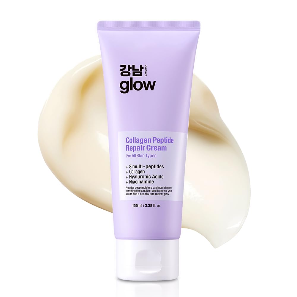 Gangnam Glow Collagen Peptide Repair Cream jar close-up shows creamy hydration-ready texture.
