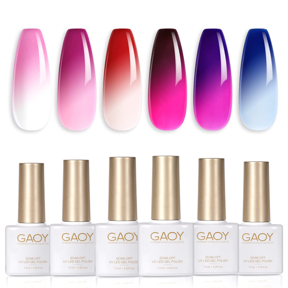 GAOY color changing gel nail polish swatches showing mood-shifting red, pink and purple hues.