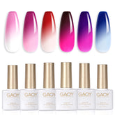GAOY color changing gel nail polish swatches showing mood-shifting red, pink and purple hues.