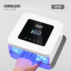 GAOY cordless UV LED nail lamp LCD display shows timer and battery status.