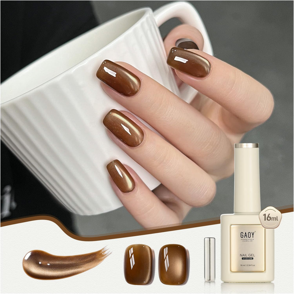 GAOY Jelly Brown Cat Eye bottle front with glitter for at-home manicures.