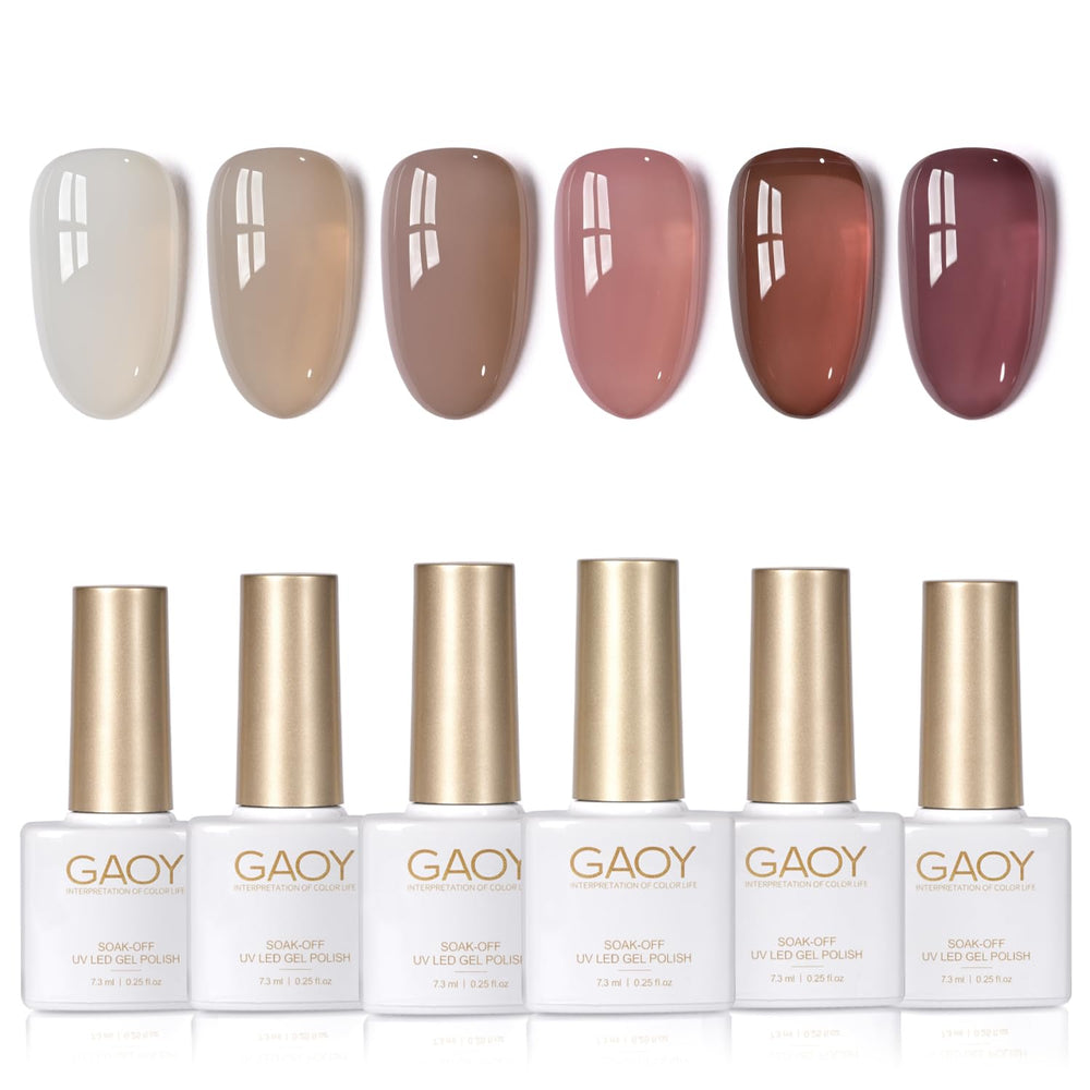 GAOY Jelly nail polish set swatches show six translucent colors for buildable looks.