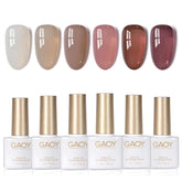 GAOY Jelly nail polish set swatches show six translucent colors for buildable looks.