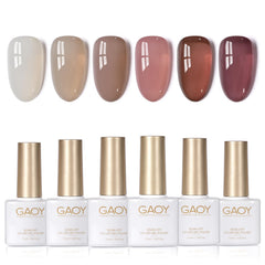 GAOY Jelly nail polish set swatches show six translucent colors for buildable looks.