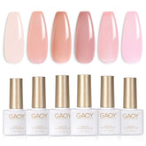 GAOY Jelly Nude Pink gel polish bottle close-up showing a buildable translucent to nude finish