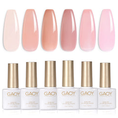 GAOY Jelly Nude Pink gel polish bottle close-up showing a buildable translucent to nude finish