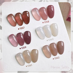 GAOY Jelly six-color bottles in close-up for seamless nail art application.