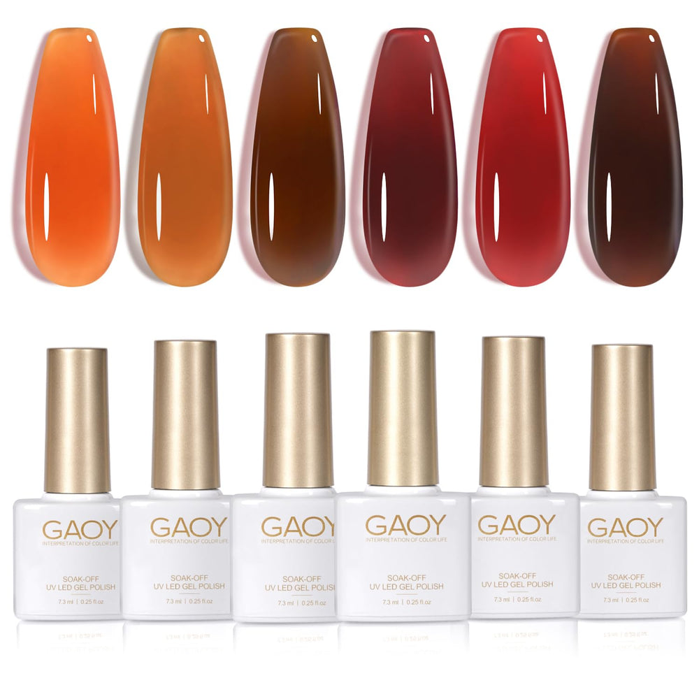 GAOY Jelly Tortoise Brown gel polish set packaging shows six colors for at-home salon results