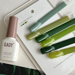 GAOY Moss gel polish bottle closeup suitable for earthy minimalist nail looks.