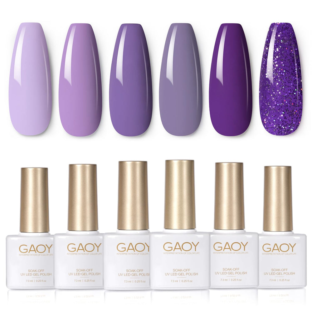 GAOY Purple Gel Nail Polish Set front view showing six glitter shades for durable, glossy nails.