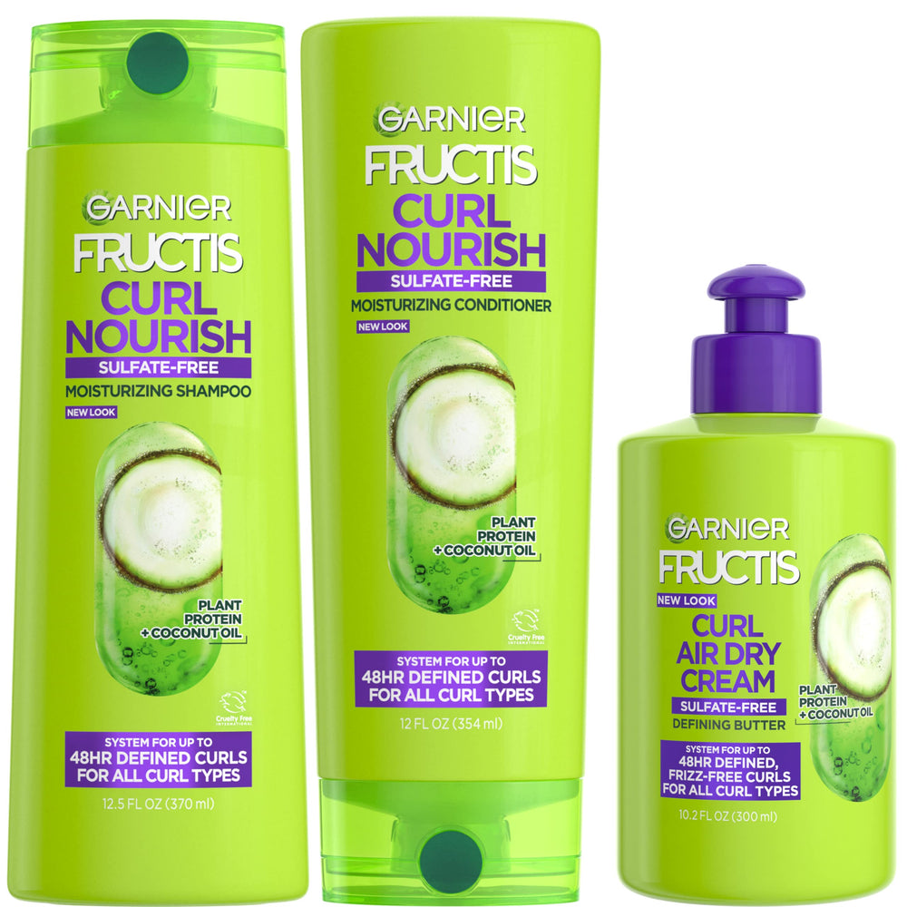 Garnier Fructis Curl Nourish shampoo bottle highlights sulfate-free definition for curls