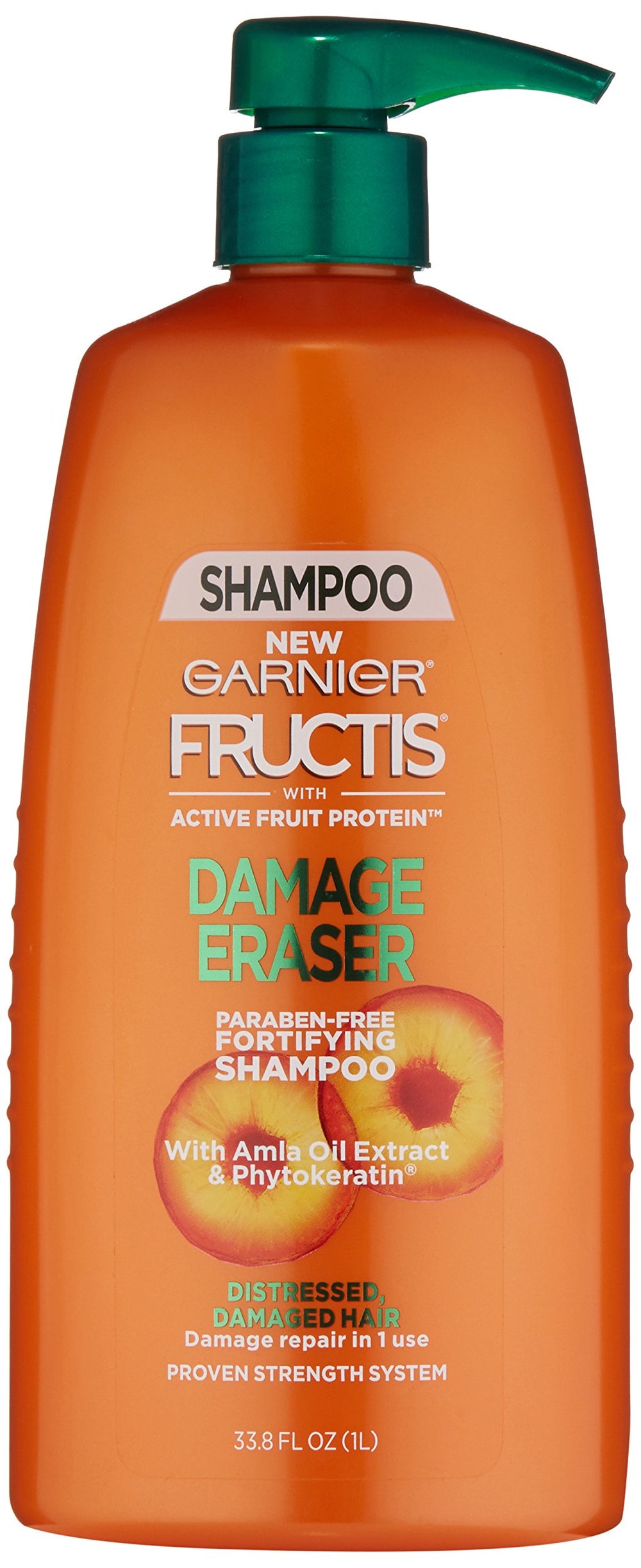 Garnier Fructis Damage Eraser shampoo bottle fortifies damaged hair.