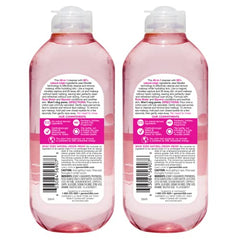 Garnier Micellar Water Rose bottle closeup shows hydrating cleansing effect.